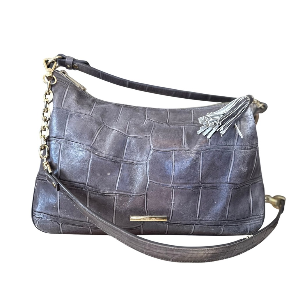 Brahmin Grey Croc Embossed‎ Leather Shoulder Bag Gold Chain Tassel Accent